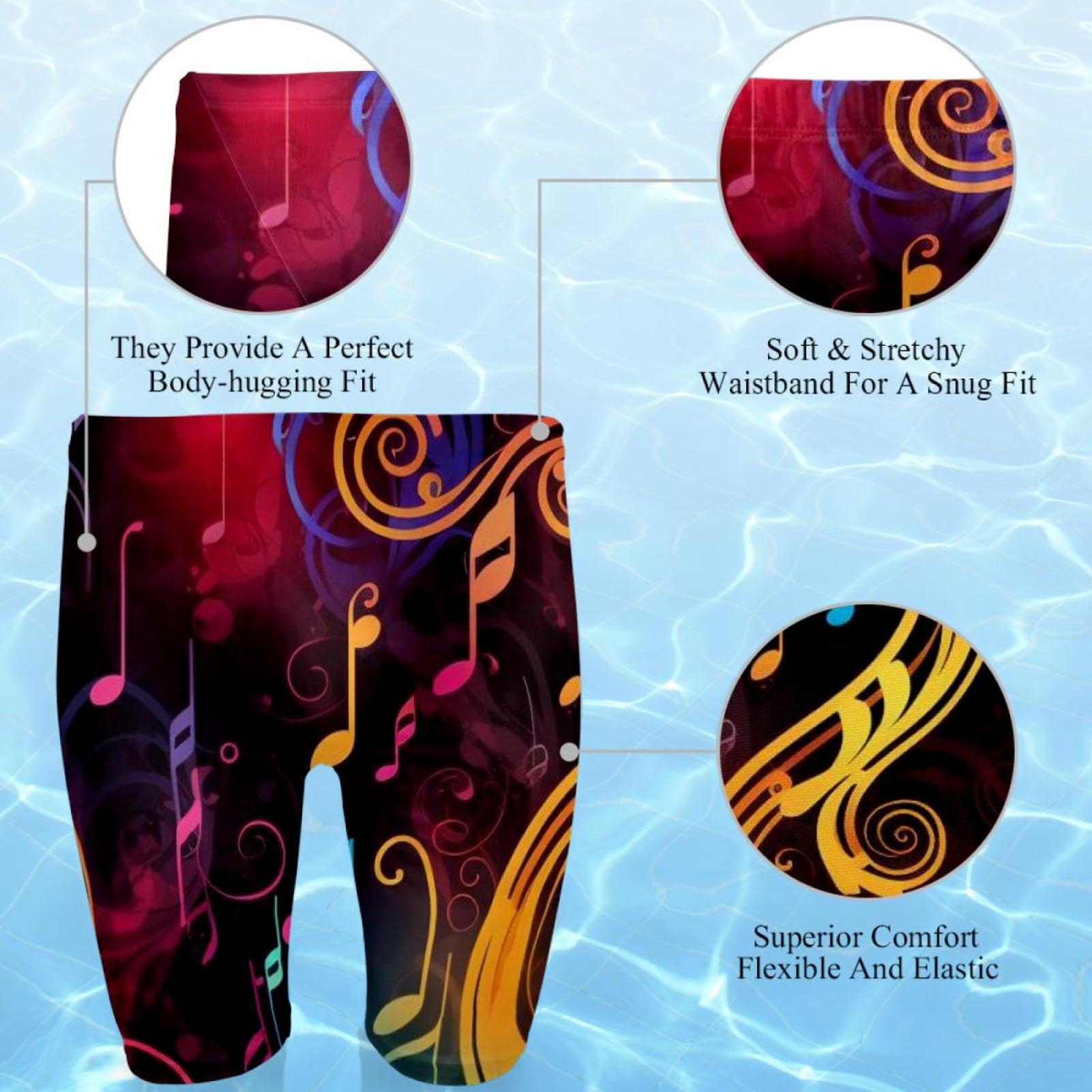 Colorful Music Notes Swimsuit for Men & Boys,Competition Lap Swim Suit, Square Leg Endurance Training