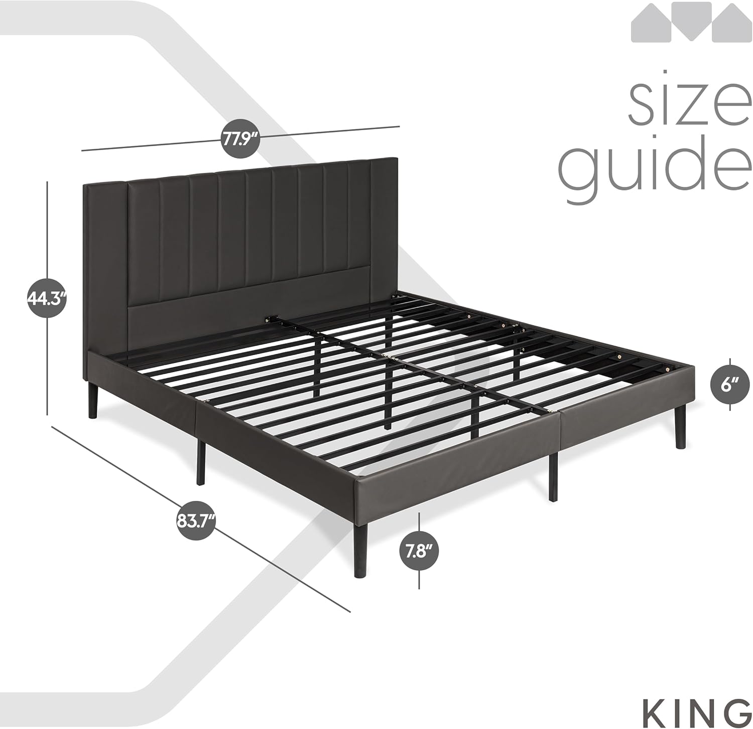 Milliard King Bed Frame, Upholstered Platform Bed Frame with Headboard, Strong Slats All Metal Support for Mattress Foundation, No Box Spring Needed, Easy Assembly, Modern Grey Bedroom Furniture - Image 2