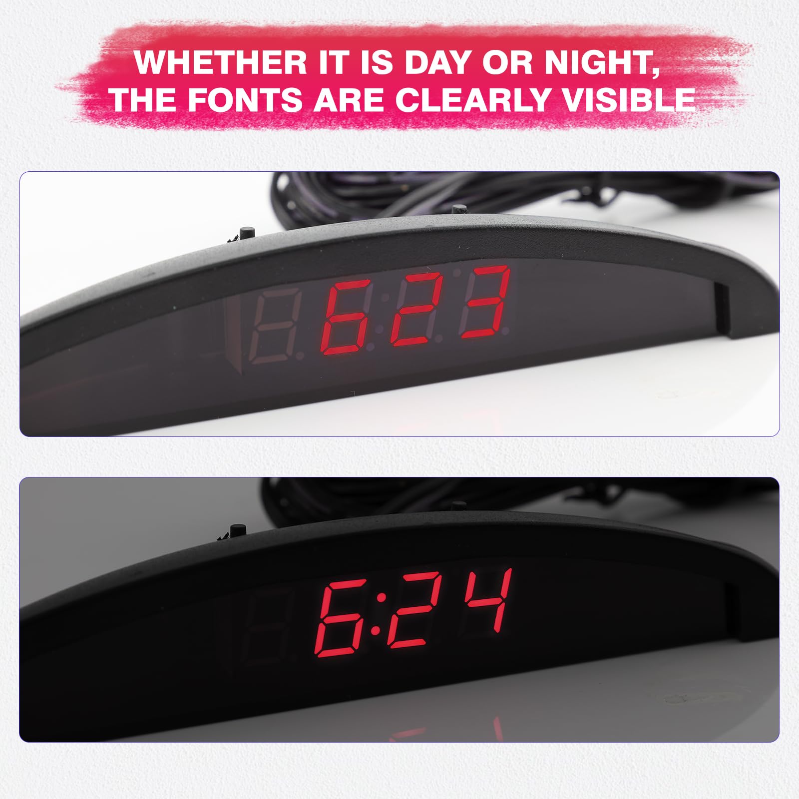 Riloer Autotemperaturuhr Auto Dashboard Universal Digitaluhr Thermometer Spannung mit LCD-Anzeige für Fahrzeuginnenraum Rot