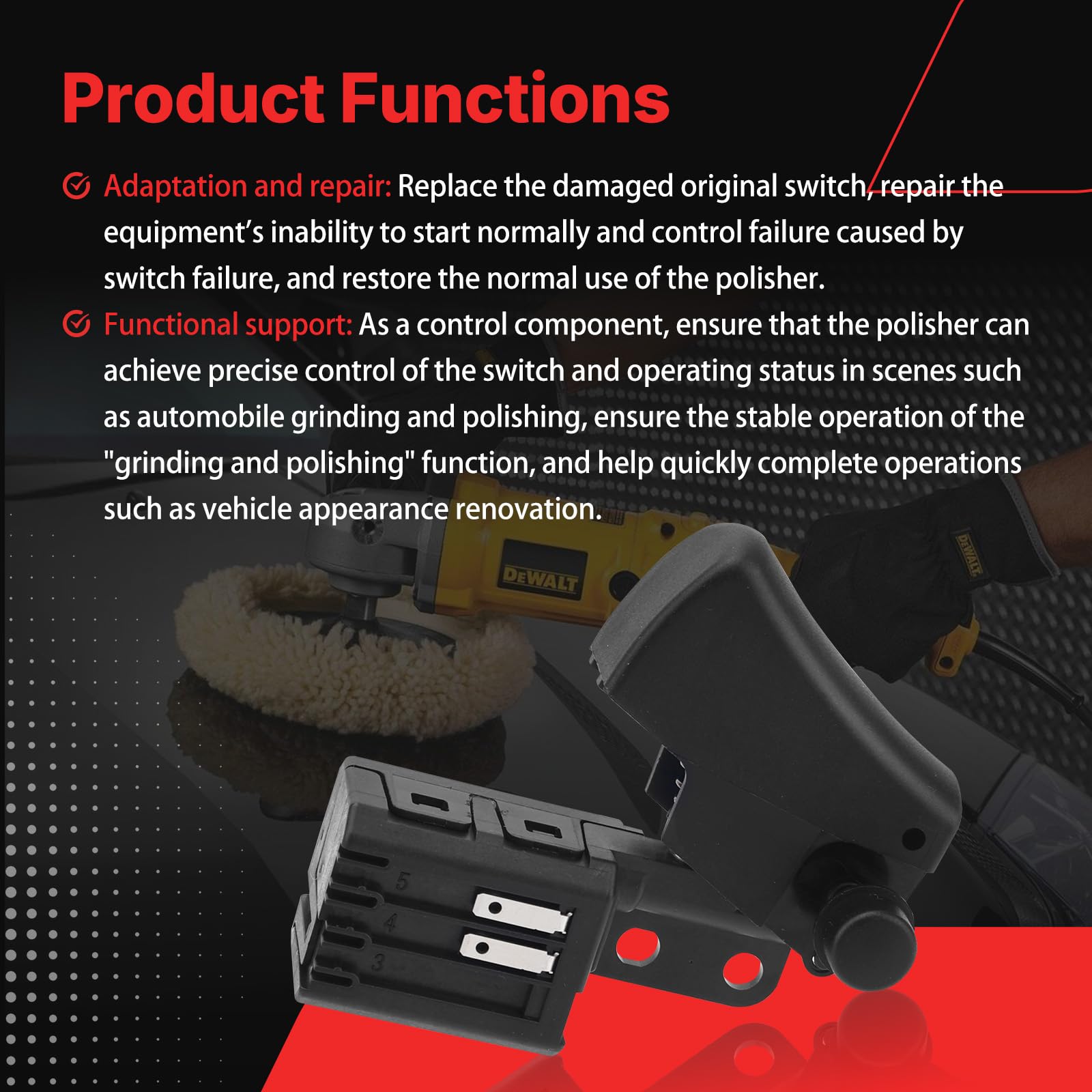 N024326 - Interruptor pulidor de repuesto para interruptor pulidor DeWalt DWP849, DWP849X, DWP849X-AR, DWP849X-B2, DWP849X-B3, DWP849X-BR
