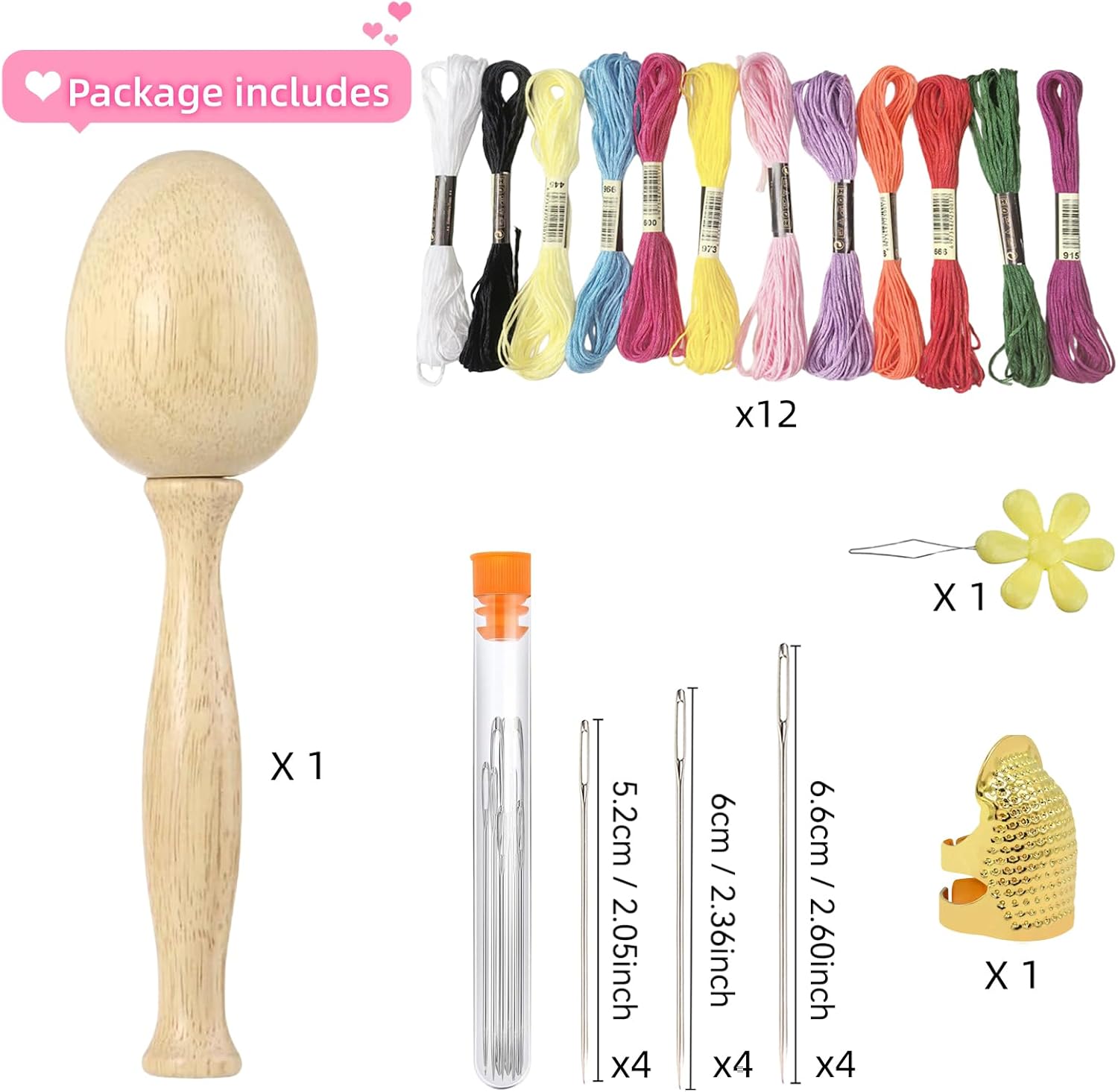 Darning Egg, Socks Wooden Darning Supplies Kit with 12 Pcs Needles 12 Colors Darning Thread for Socks Clothes Adults Darner DIY Handicraft Home Sewing Care