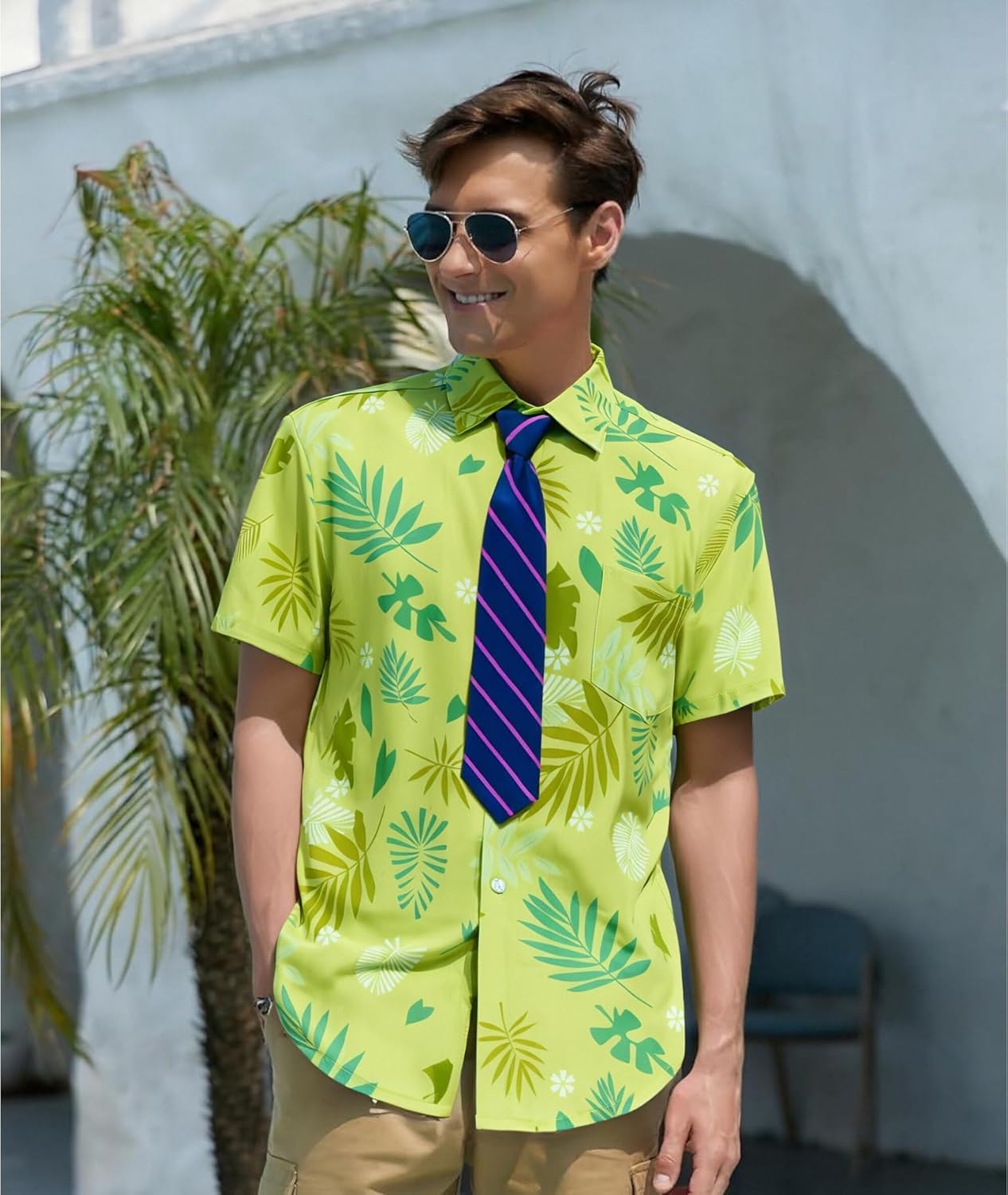 Mens Nick Wilde Costume Shirt Tie Plush Ear Tail Hawaiian Printed T-Shirt Halloween Party Fox Outfit