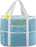 Vista 1 de EASYFUN Bolsa de playa grande de malla, bolsa de playa ligera con 9 bolsillos, accesorios de playa plegables