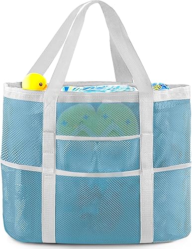 EASYFUN Bolsa de playa grande de malla, bolsa de playa ligera con 9 bolsillos, accesorios de playa plegables