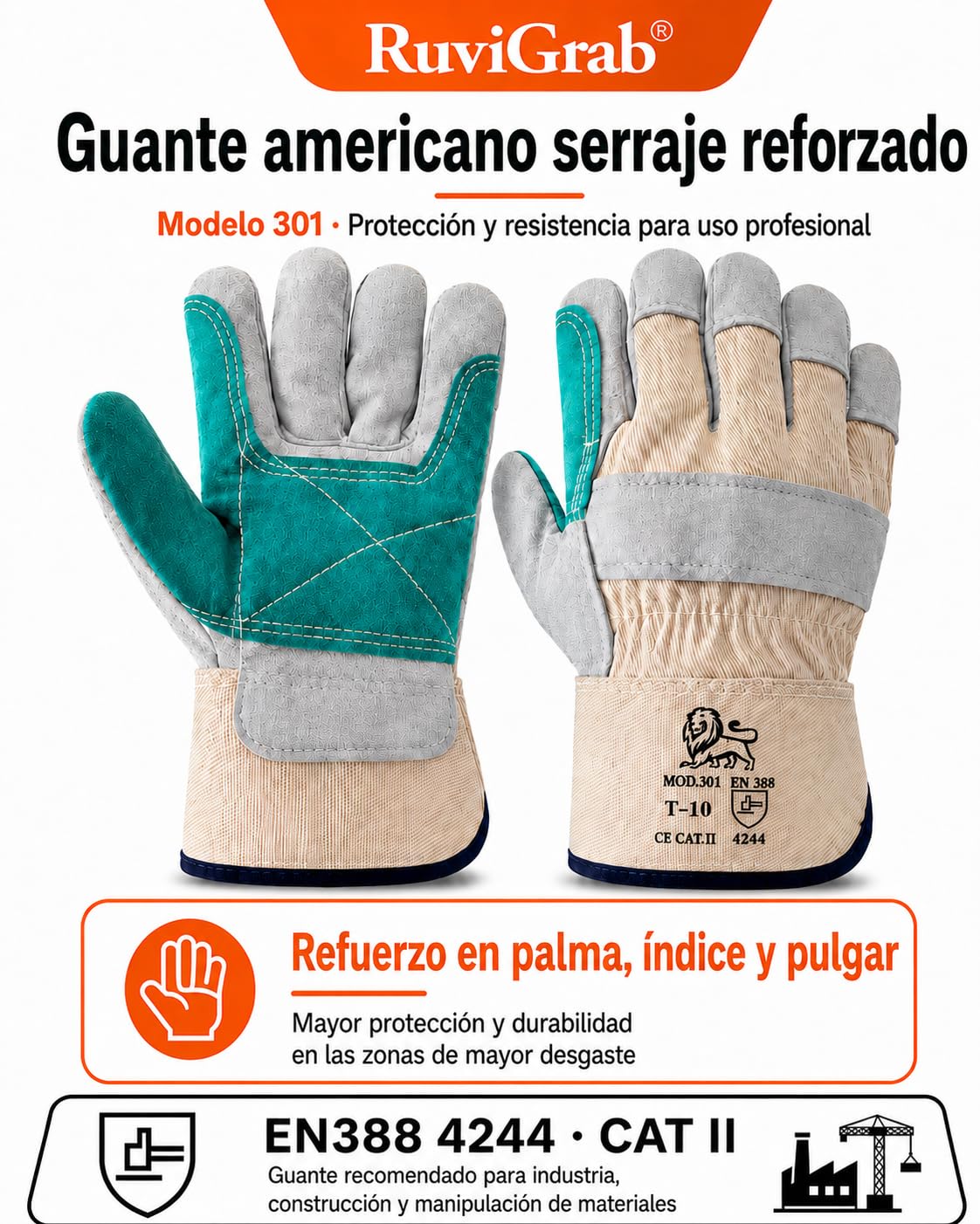 Ruvigrab - Guante americano serraje reforzado | Trabajos pesados | Guantes cactus| Guantes jardin |Guantes para mecanicos, Construcción, Agricultura | Guante trabajo hombre y mujer
