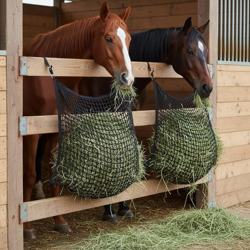 2 Pièces Filet a Foin Cheval,Filet a foin Chevaux 90 x 80 cm,Mailles Serrées 4,5 x 4,5 cm,Capacité de 6 kg,pour chevaux,chèvres et moutons,Favorise la digestion et le bien-être,à emporter