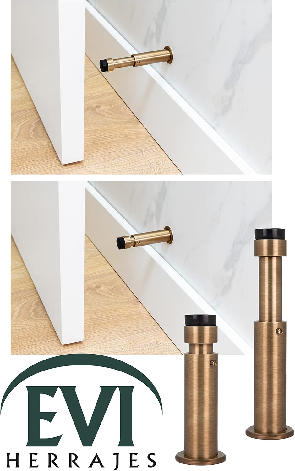 EVI HERRAJES Adjustable Wall Door Stop, Installation with Coach Screw on Threaded Base, Protectors Included, I-282CBCU (Matte Brass)