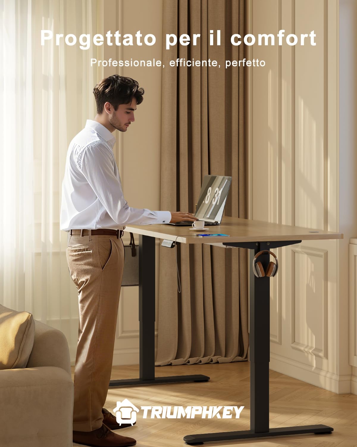 TRIUMPHKEY Scrivania Elettrica Regolabile in Altezza 140 x 70cm,Presa USB,3 Controllo Memoria,Scrivania da Ufficio e Casa, Standing Desk