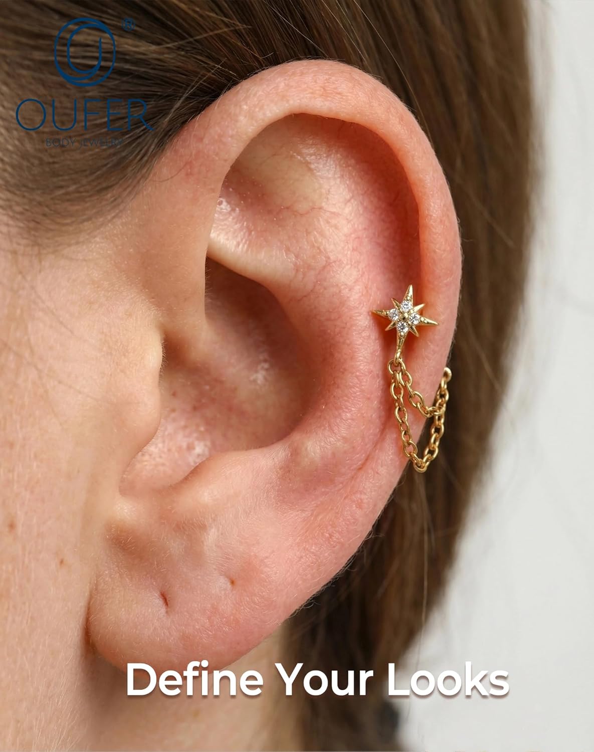 OUFER 16G Chain Cartilage Piercing Jewelry-316L Surgical Steel Gold Flat Back Push Pin Helix Earring, Star Clear CZ Double Chain Lobe Piercing Jewelry - Image 2