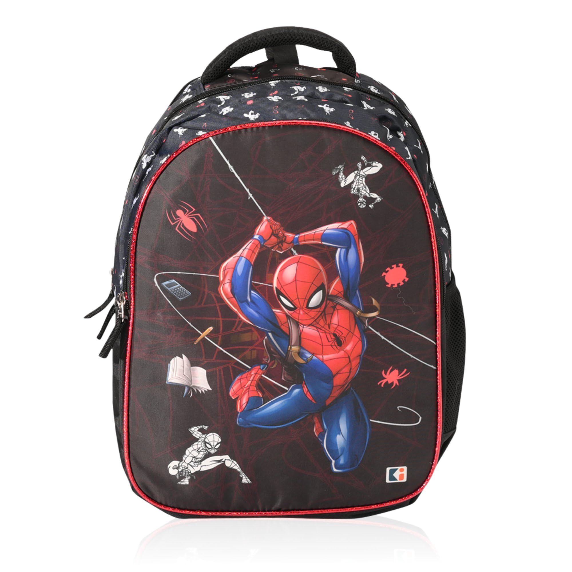 Kuber Industries Plecak szkolny Marvel Spiderman dla chłopców i dziewcząt, plecak podróżny z 4 przegródkami, wodoodporna torba na książki, torba do codziennej rutyny, torba szkolna, dla dzieci, czarny