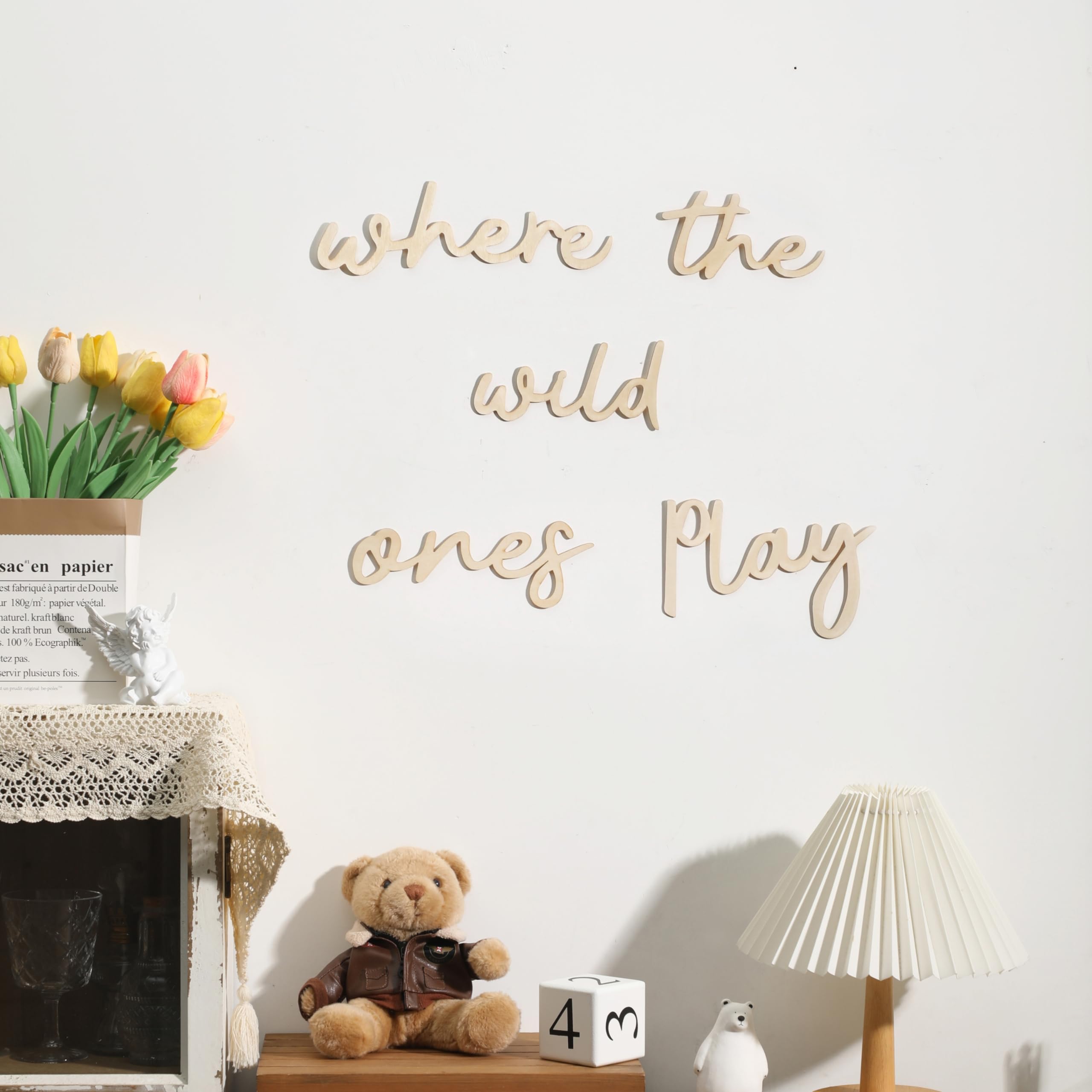 Playroom Wall Decor Where The Wild Ones Play Room Wooden Sign Wall Art Decoration for Boys and Girls Playroom Toy Room Kids Toddler Nursery Room Bedroom Home Word Cutouts Sign (Natural)