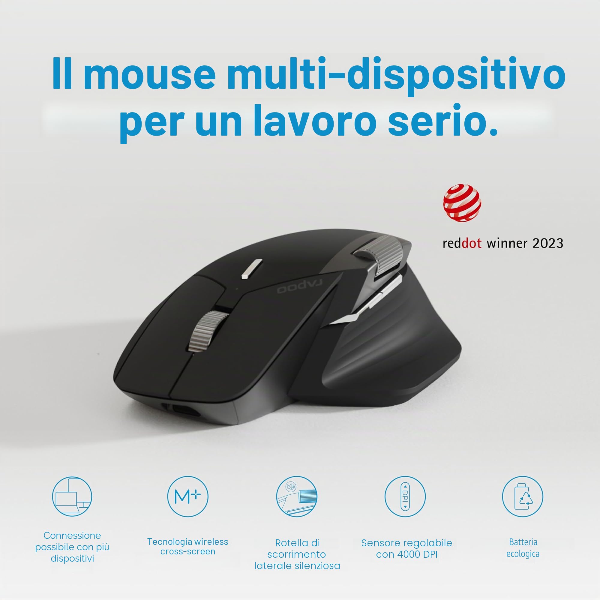 Rapoo MT760L mouse wireless wireless 4000 DPI sensore batteria ricaricabile ecologica ergonomica PC & Mac - grigio nero