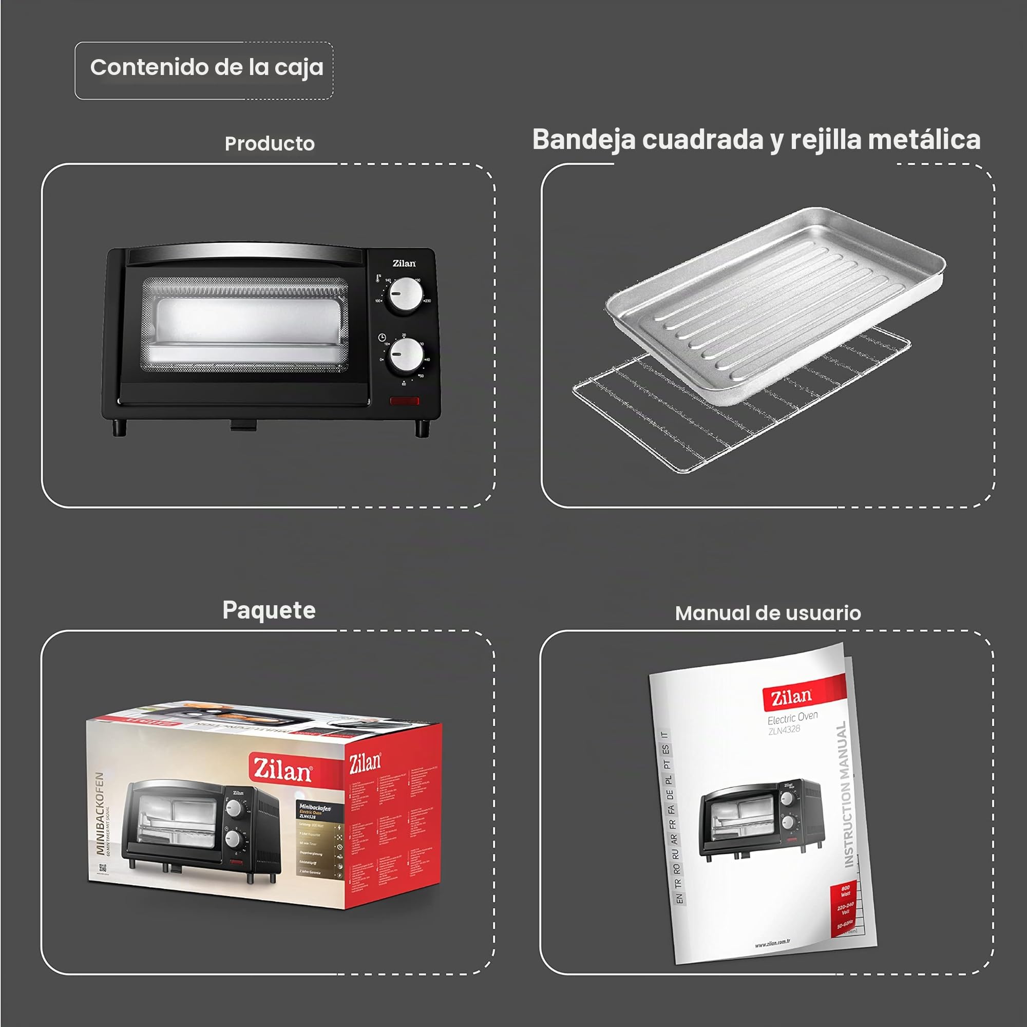 zilan z şekil - Horno eléctrico de 9 litros, doble cristal de seguridad, temporizador, 2 unidades, resistencia al cuarzo, bandeja recogemigas, 1 bandeja cuadrada, rejilla cromada, 800 W, ZLN4328