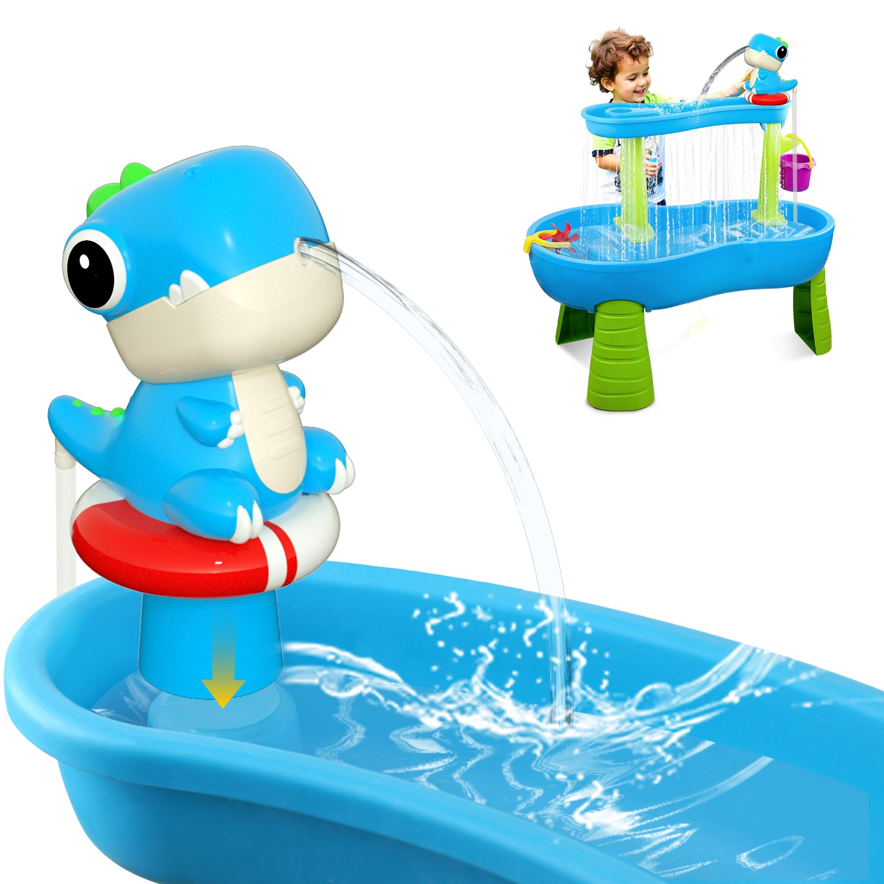 Dinosaur Battery Powered Water Table Pump Continuous Flow for Water Tables - Cordless, Rechargeable,No Damage Installation Outdoor Play Accessories for Kids (Blue)