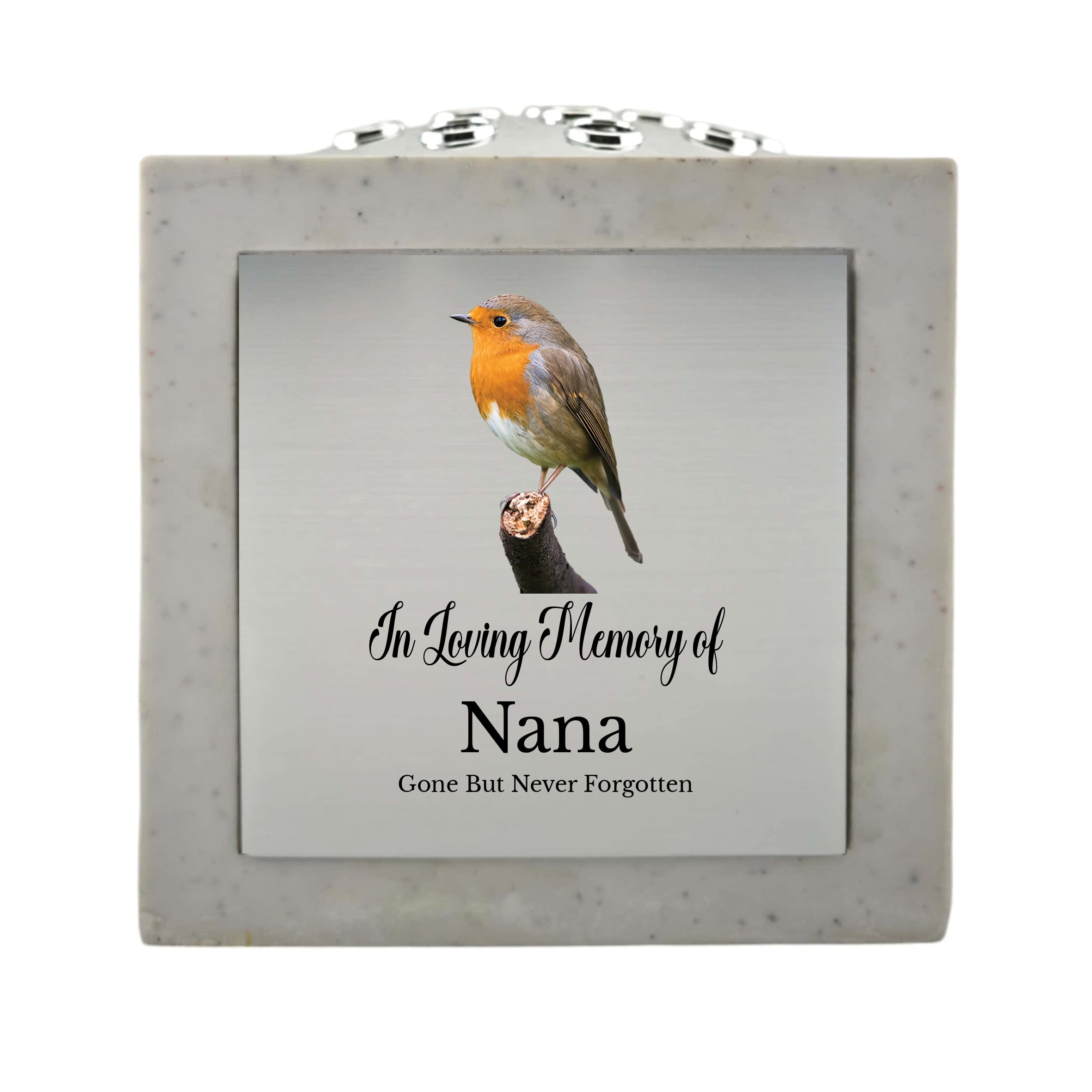 1stclassgifts In Loving Memory Of Memorial Rose Bowl Grave Marker Flower Pot Vase With Robin Design Mum Dad Grandad & Lots More White/Silver (UV PRINTED) (Nana)