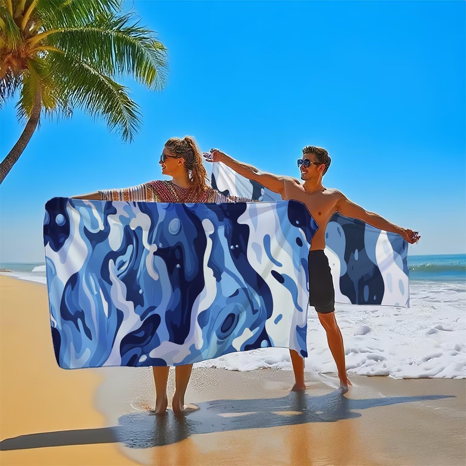 Waves Ręcznik plażowy dla dorosłych, ręcznik z mikrofibry 90 x 200 cm, duży, 2 sztuki, ręczniki kąpielowe, unikalne zatrzaskowe, chłonne, szybkoschnące, odporne na piasek, lekka konstrukcja, do jogi