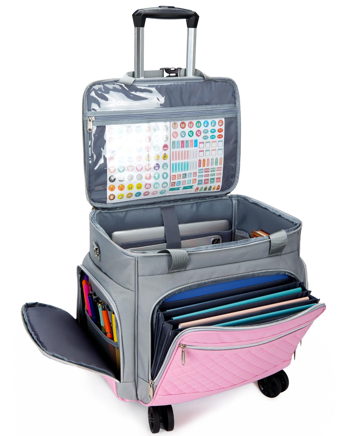 Amythe Sac à roulettes pour Professeur à 5 Roues avec Organiseur de Fichiers en Accordéon, Sac de Rangement Trolley pour Ordinateur Portable 15.6", Gris