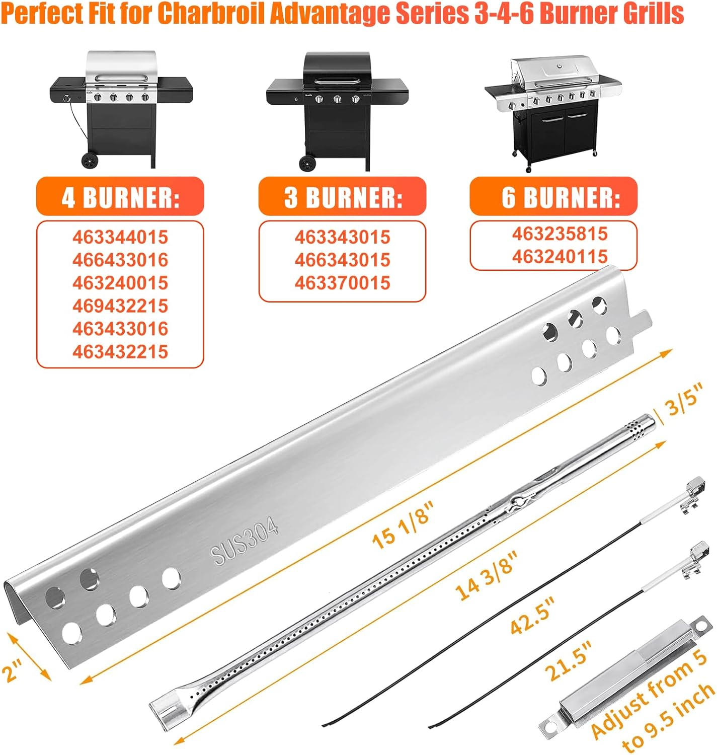 Hisencn SUS304 Stainless Steel Grill Parts Kit for Charbroil Advantage Series 4 Burner 463344015 463240015 463432215 463343015 Gas Grills 3 Burner 463436815 Grill Burners Heat Plate Replacement Parts