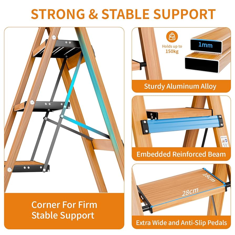 Scala A Pioli KULACO 3 Gradini | Pieghevole In Alluminio | Portatile E Antiscivolo