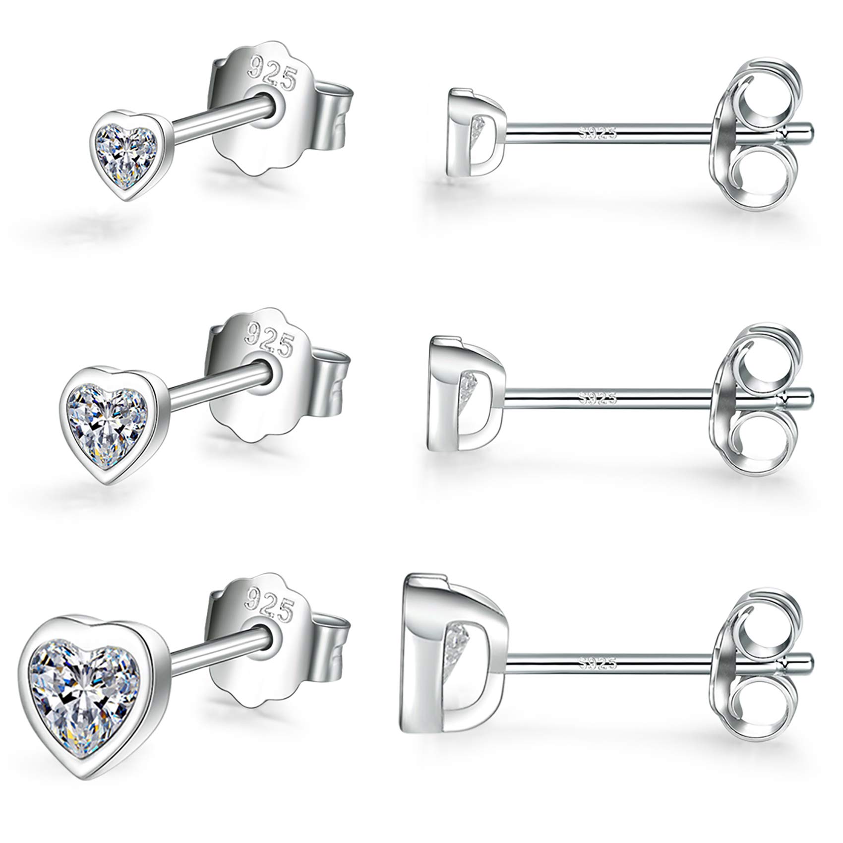 Sterling Silver Small Stud Earrings for Women Men, 3 Pairs of Tiny Heart Shaped Cubic Zirconia Earrings White Gold Plated CZ Cartilage Tragus Earrings