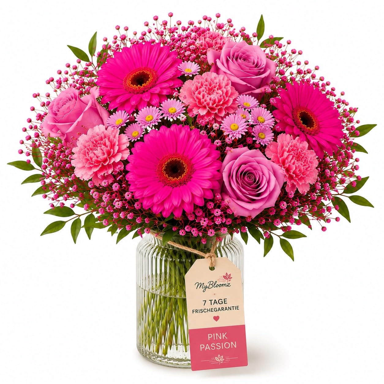 MyBloomz Pink Passion | Premium Blumenstrauß mit Gerbera, Rosen & Chrysanthemen | Frisch gebunden | sicher verpackt | Geschenk für Geburtstag, Liebe, Danke & besondere Momente