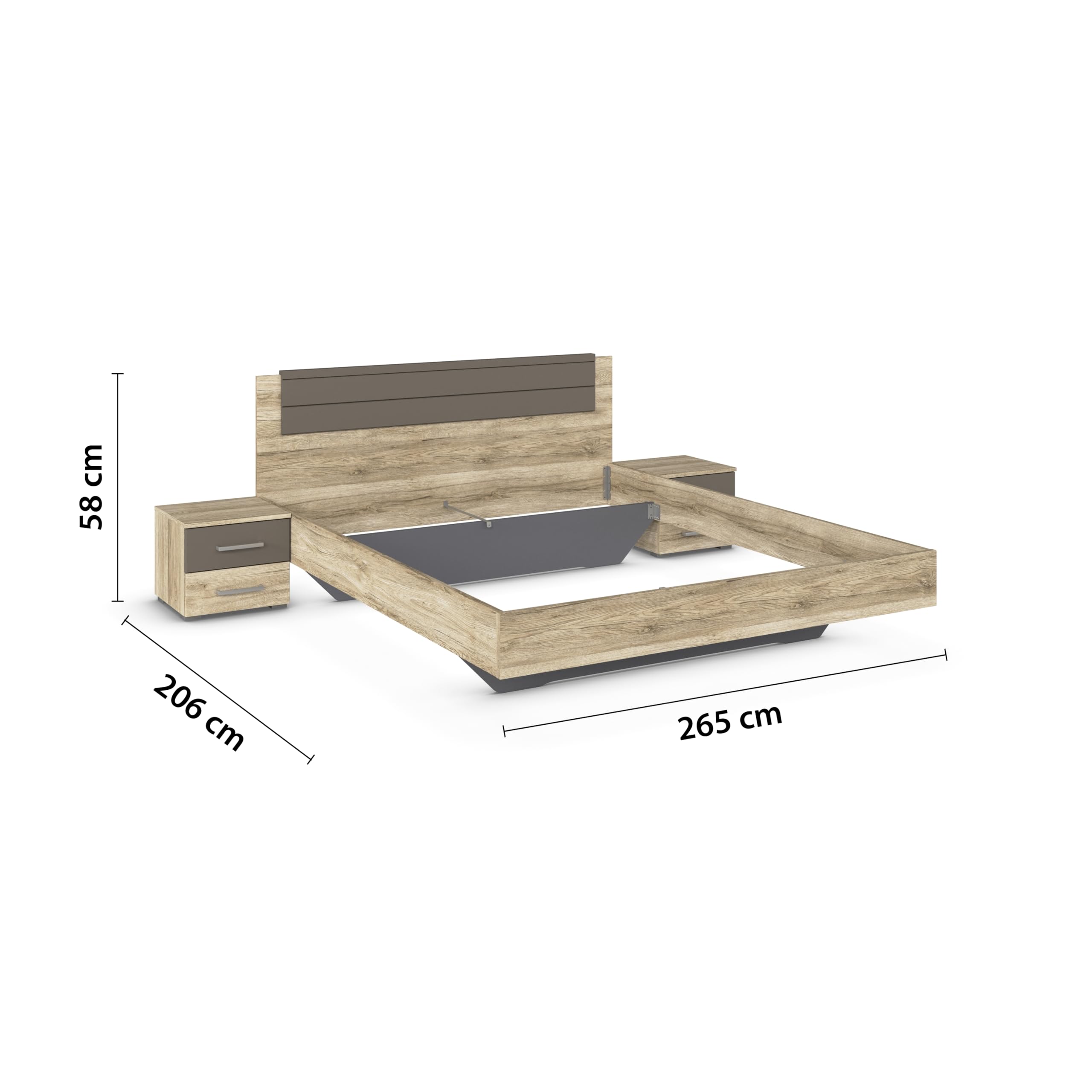 Rauch Möbel Barcelona Schlafzimmer, komplett, bestehend aus 1 Bett 160x200cm, 1 Nachttisch-Paar 50x38x37cm, 1 Schwebetürenschrank 226x210x62cm, Farbe Eiche Sanremo Hell mit Absetzung in Lavagrau