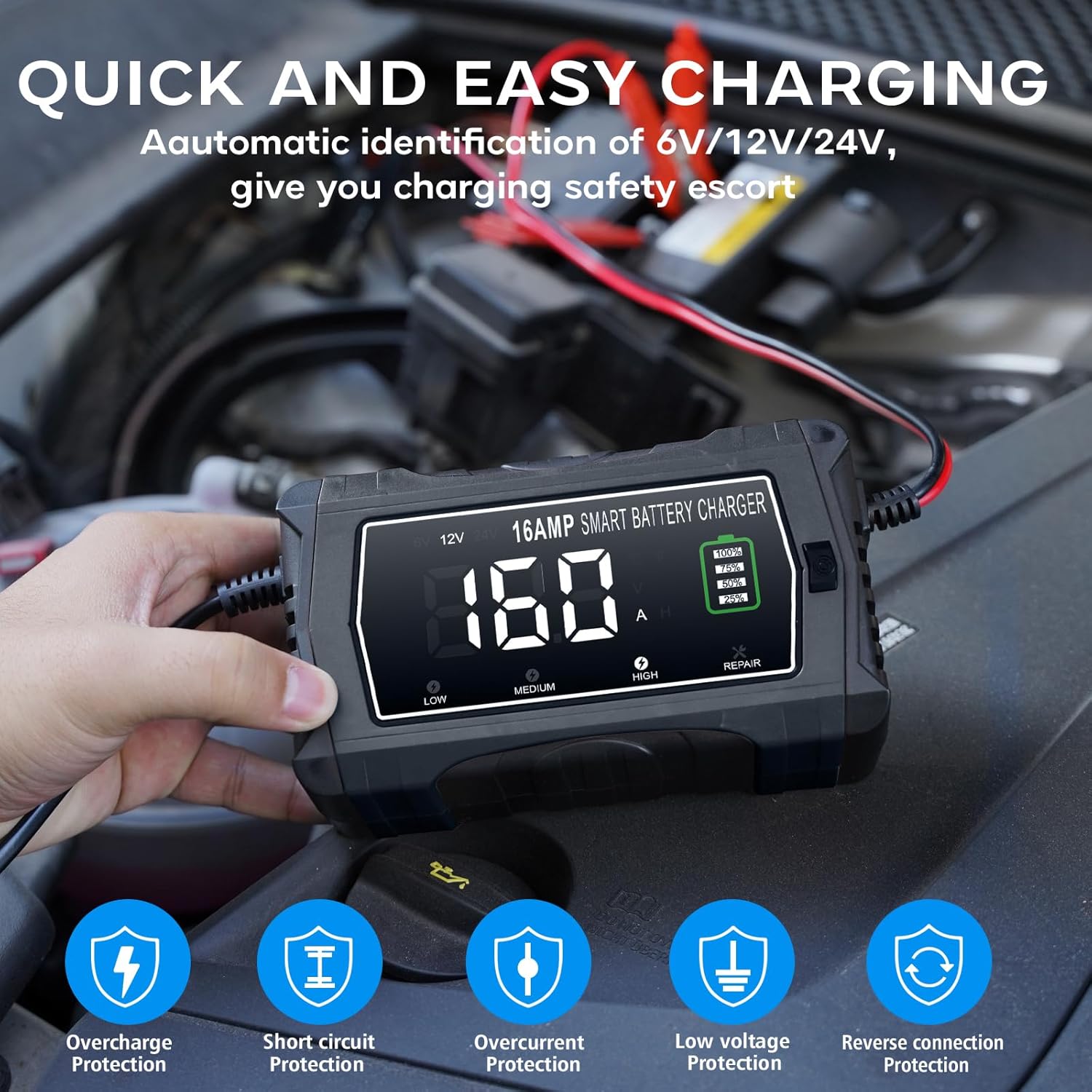 lifepo4 Charger 16-Amp Fully-Automatic Maintain,6V/12V/24V Lead-Acid(AGM/Gel/SLA)/Lithium lron LiFePO4 Trickle Charger,Pulse Repair Car Battery Charger,Deep Cycle