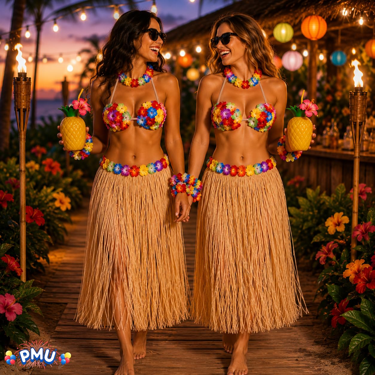 PMU 8-teiliges Hawaii-Kostüm-Set mit Kokosnuss-Bikinioberteil, Grasrock, Lei und tropischem Hula-Party-Zubehör