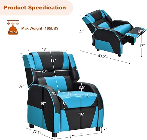 Miniatura 3 de Giantex Silla reclinable para niños, silla reclinable para juegos con reposapiés, reposacabezas y soporte lumbar, silla ergonómica de cuero para