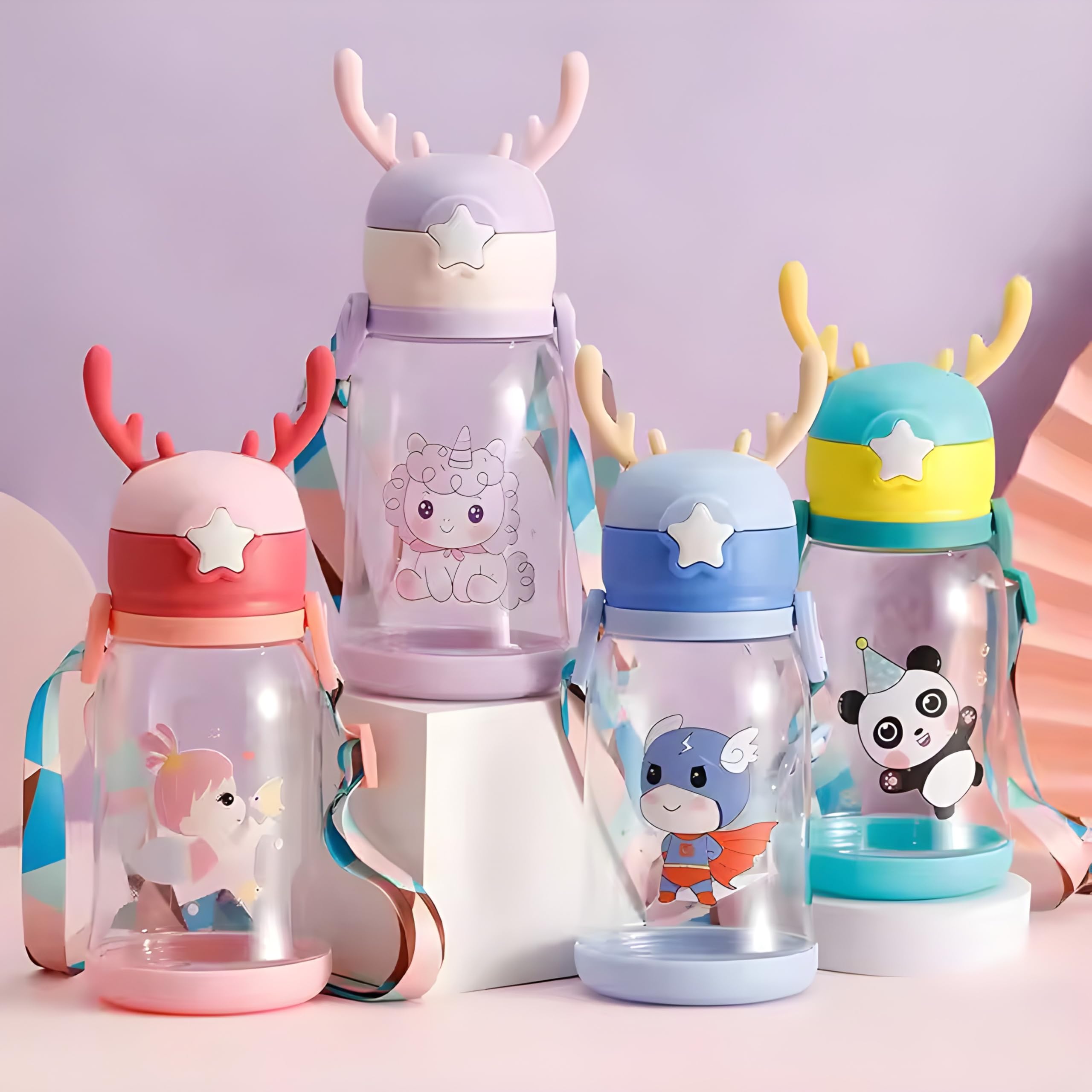 ToYooZe JHBK Cartoon Water Bottle with Straw for Kids, Cartoon Design Plastic Water Bottle, Cartoon water bottle for school kids, Water bottle for school kids (deer bottle) 3