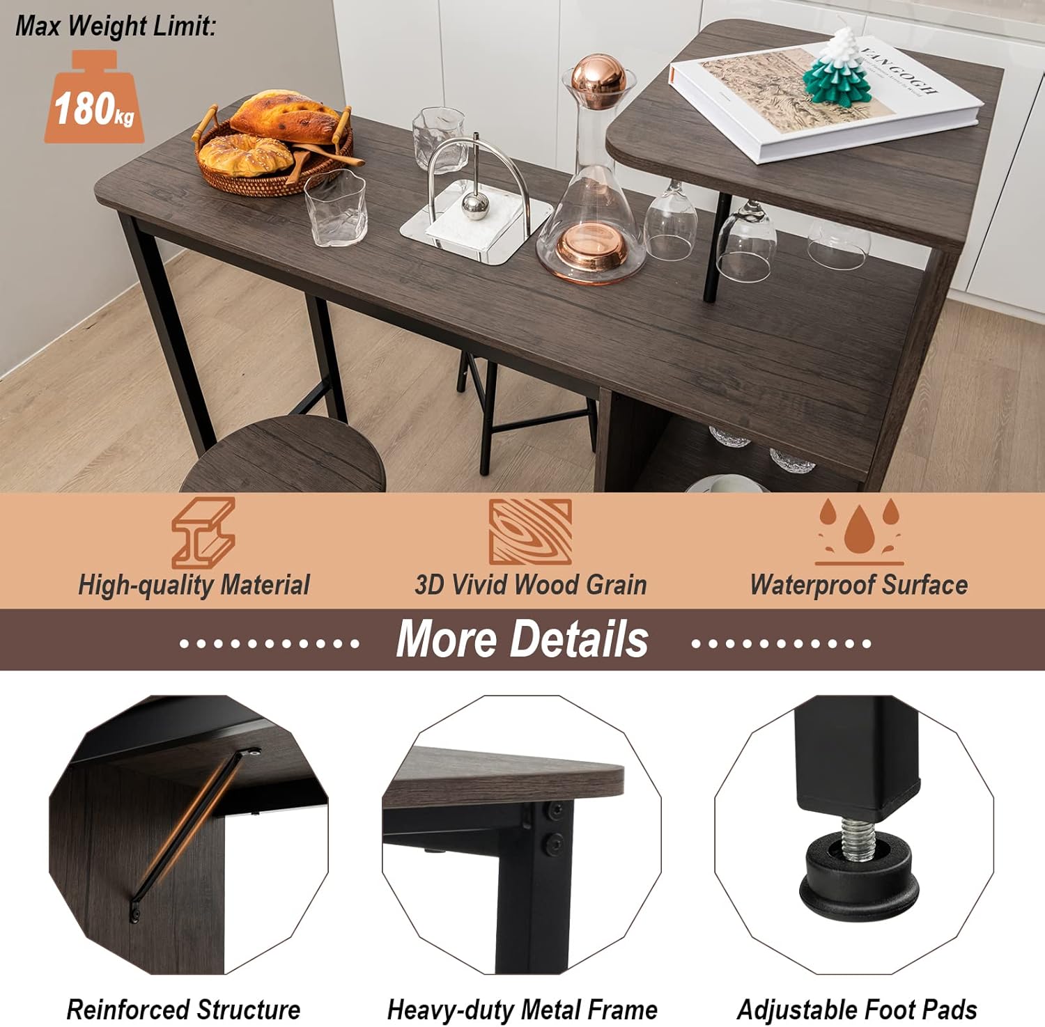 COSTWAY 3 Pieces Bar Table and Chair Set, Industrial Pub Table & Stools with Wine Glass Holders & 6-Bottle Wine Racks, Counter Height Dining Table Set for Living Room Dining Room Kitchen, Brown