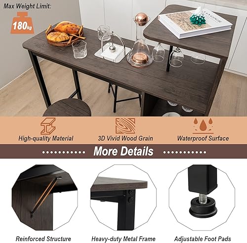 Miniatura 6 de COSTWAY Juego de mesa y silla de bar de 3 piezas, mesa de pub industrial y taburetes con soportes para copas de vino y estantes de vino para 6