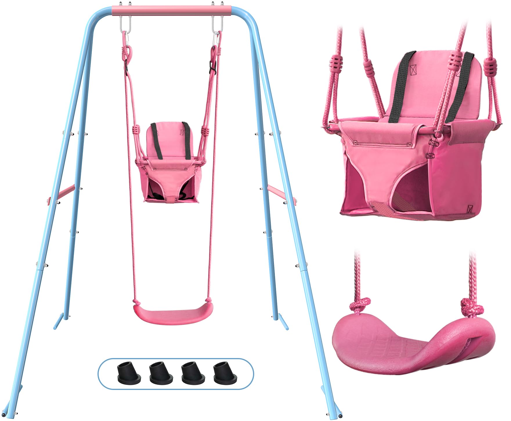 2-in-1 Toddler Swing Set with Foldable Stand, Baby Swingset with 2 Types of Anchors for Indoor &amp; Outdoor, 1 Belt &amp; 1 Soft Swing Seat with Safety Harness &amp; Height Adjuster for 6 Months and Older Kids