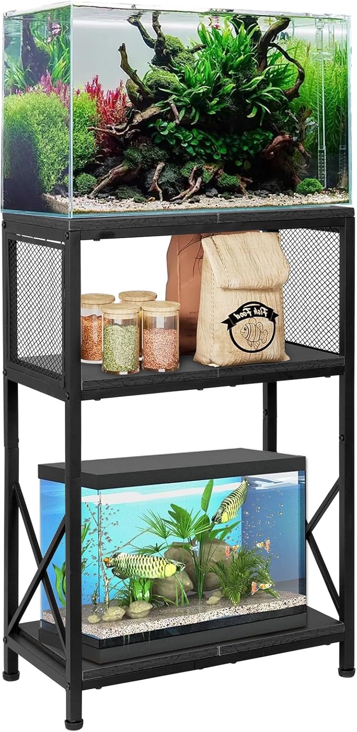 SwaaVee 10 Gallon Fish Tank Stand, Heavy-Duty 3-Tier Metal Storage Cabinet, Rustic Brown Aquarium Stand for Fish, Turtle & Reptile Terrariums (Rustic Black)