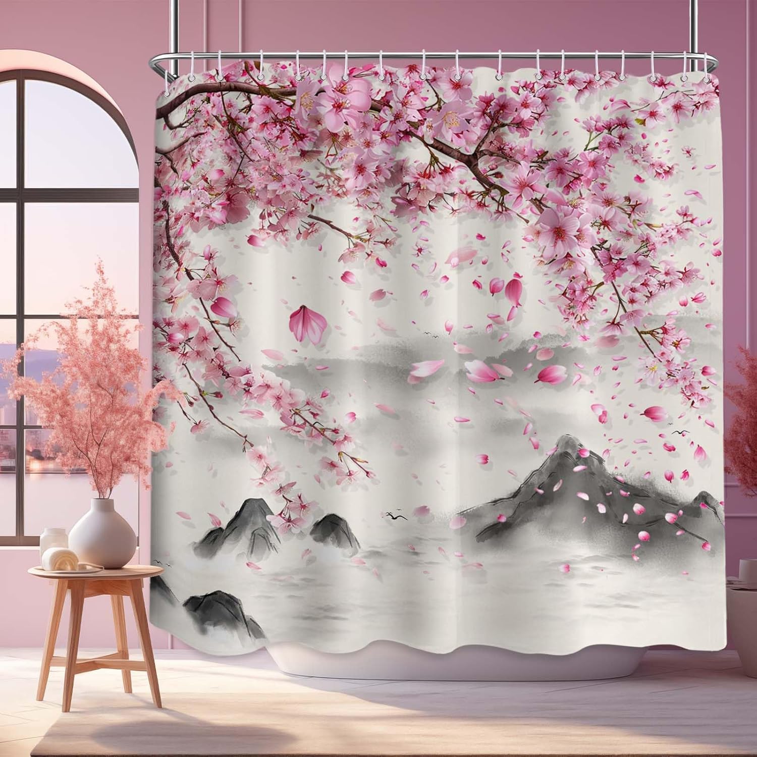 Extra Long Shower Curtain Extra Tall Cherry Blossom XL Pink Floral Japanese Shower Curtains for Large Bathroom Decor Sets, Waterproof Cloth Fabric with Hooks, 108x72 Inch