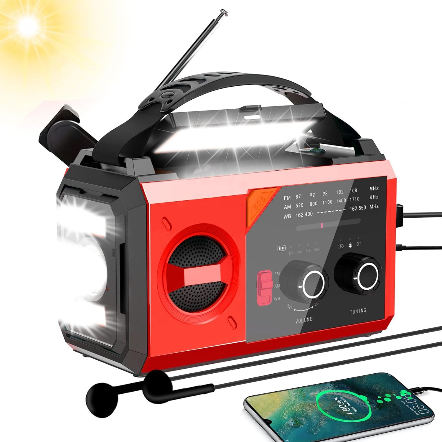 20000mAh Solar Hand Crank Emergency Radio with Power Bank & Flashlight