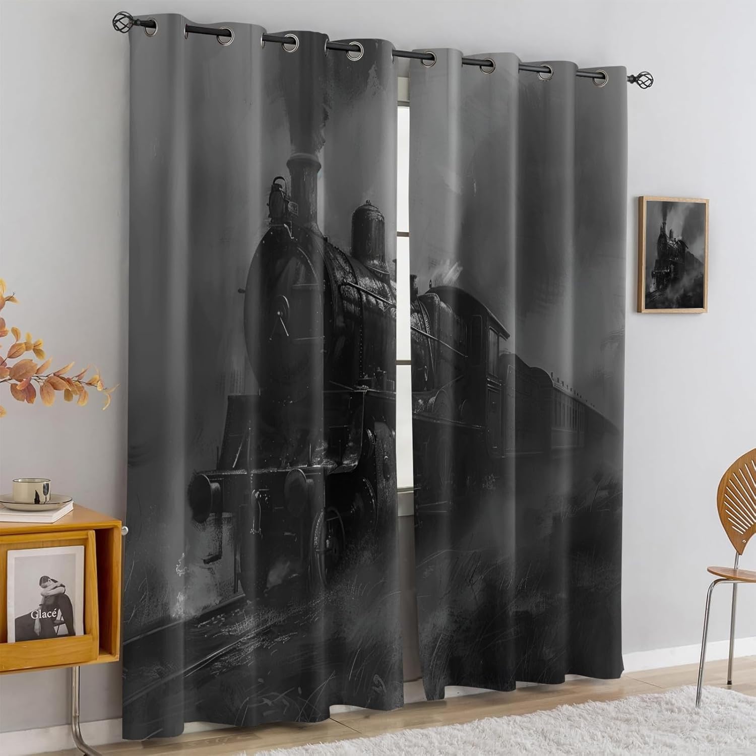 Retro Steam Engine Blackout Curtains for Bedroom Living Room, Railway Track Curtains & Home Decor, Vintage Transport Window Treatments, Thermal Grommet Train Drapes, 84" Curtains 2 Panel Set