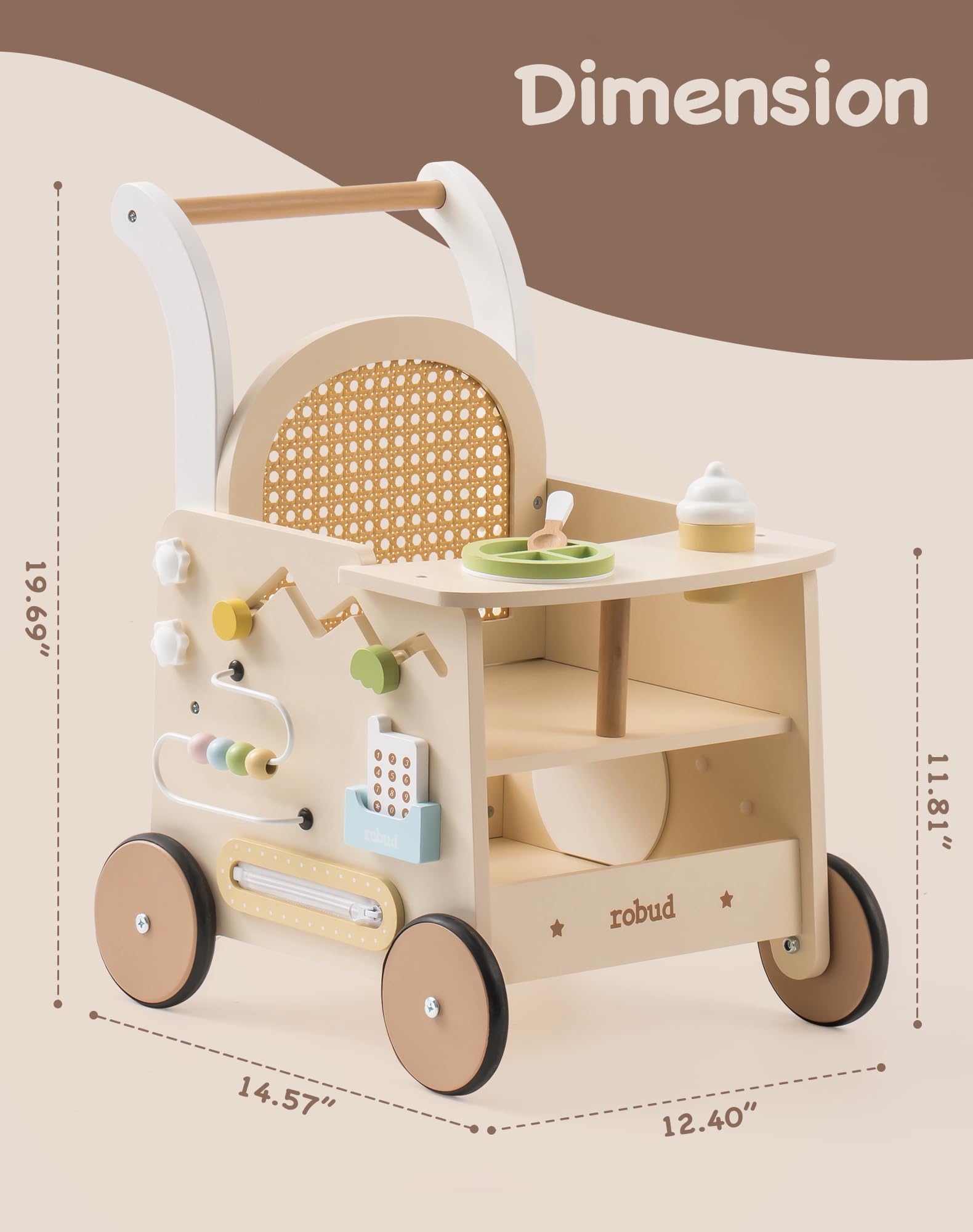 ROBUD Drewniany pomocnik do nauki chodzenia Baby Walker 2 w 1, wózek do nauki chodzenia z Montessori Busy Activity Board, hamulec bezpieczeństwa, zabawka na spacery, prezent