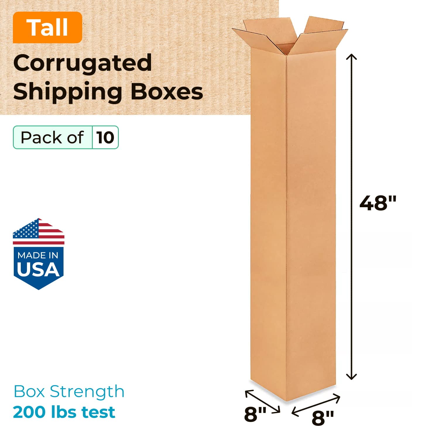 Tall Moving & Shipping Boxes 8x8x48 inches (10-Pack) - Extra Strength 200 lb vs Regular - USA-Made Corrugated Moving Boxes for USPS/UPS/FEDEX - Packing Box - Moving Cardboard Box by IDL Packaging