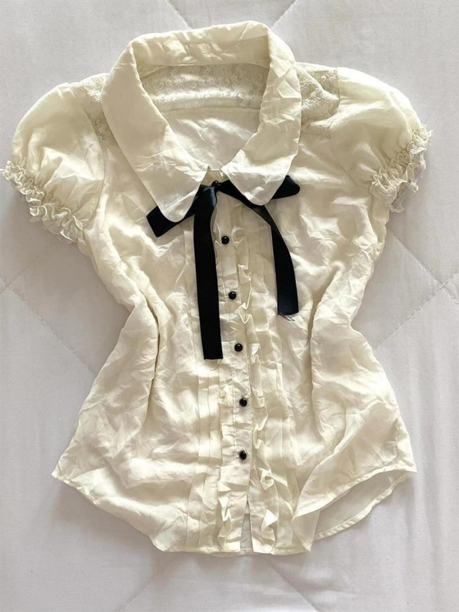 Lolita Shirts Kawaii Cute Clothes Blouse Lace Short Jirai Kei Fashion Puff Sleeve Shirt Ruffle Top with Bow Cutecore: Medium White