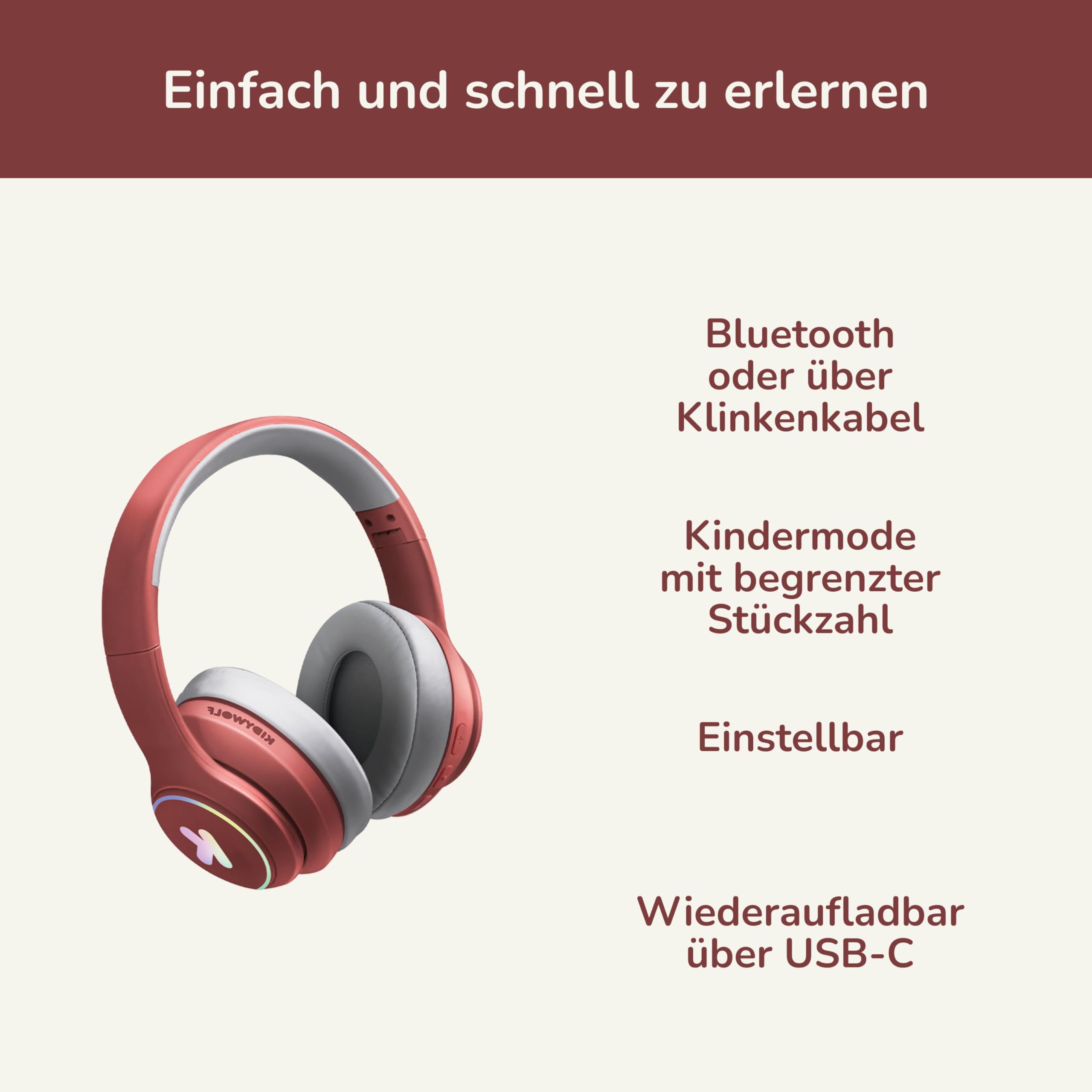KIDYWOLF - K-Ears Rot - Bluetooth Kopfhörer für Jugendliche - Mit LED-Effekten & 85dB Gehörschutz - Kabellos & Kabel - Ab 8 J.