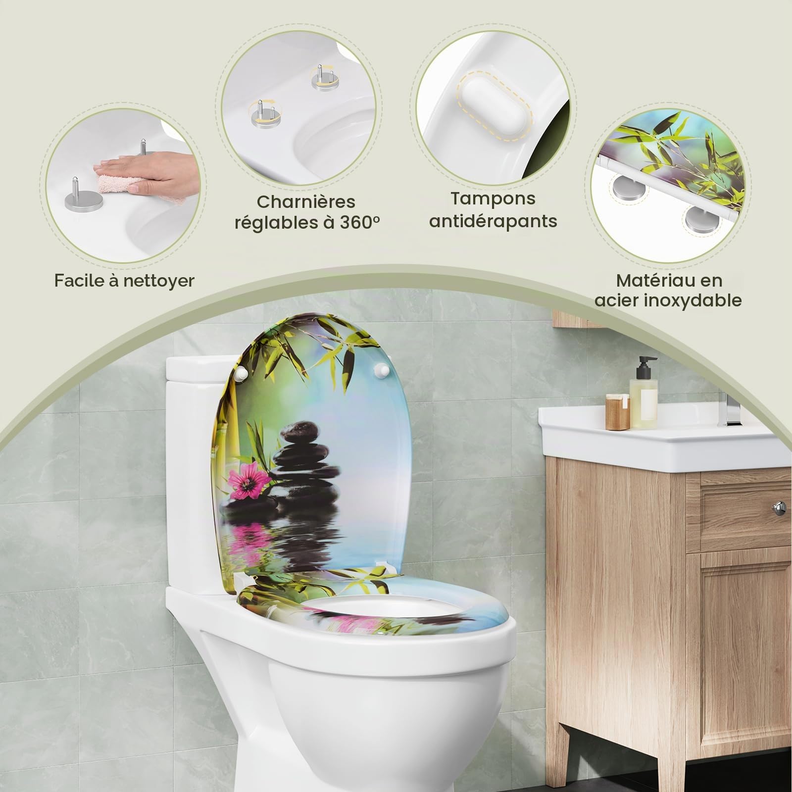 eSituro Abattant de Toilette, Siège WC en Forme de O à Fermeture Douce, Montage par le Haut, Déverrouillage Rapide, Charnières Réglables à 360°, en Duroplast, Pierres et fleurs