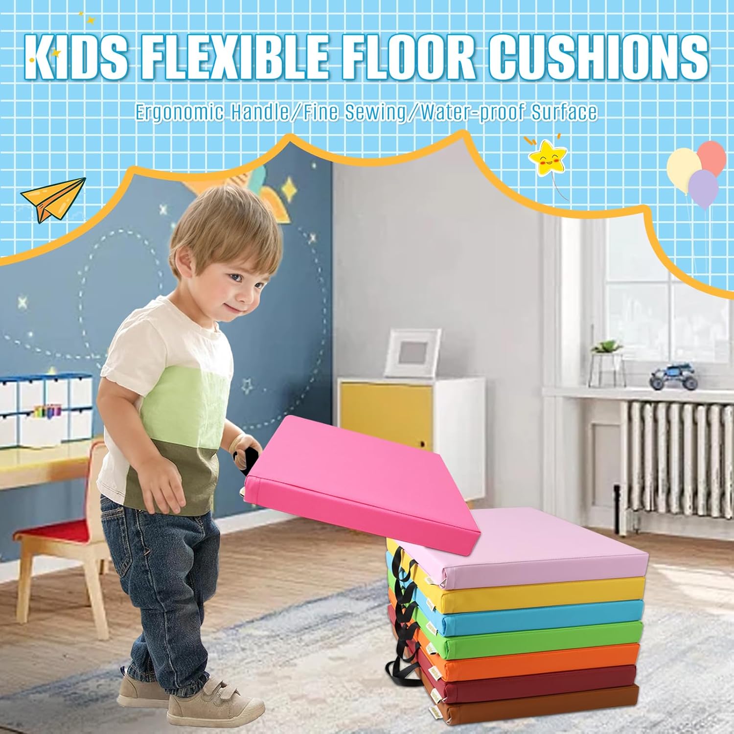 8 PCS 16 Inch Square Floor Pillows with Handles | Waterproof Synthetic Leather Flexible Seating Cushions | 16''x16''x2'' Thick Floor Cushions for Classroom, Home, Yoga & Meditation