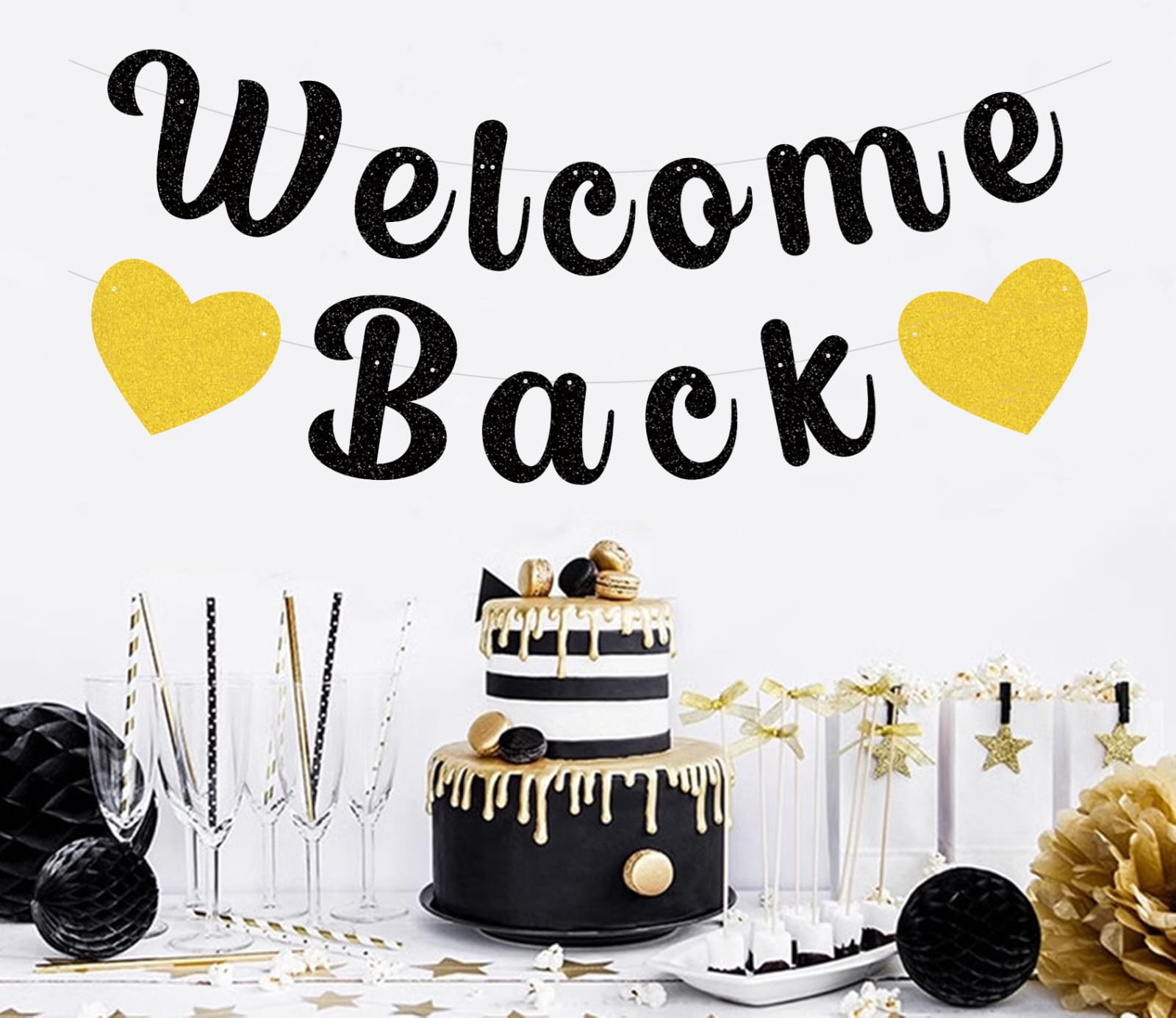 bng-bng Welcome Back Bunting Banner Black Welcome Home Back to School Decoration for Welcome Back Welcome Home Baby Shower Party School Return Party Classroom Decorations Party Supplies Black Gold - Image 3