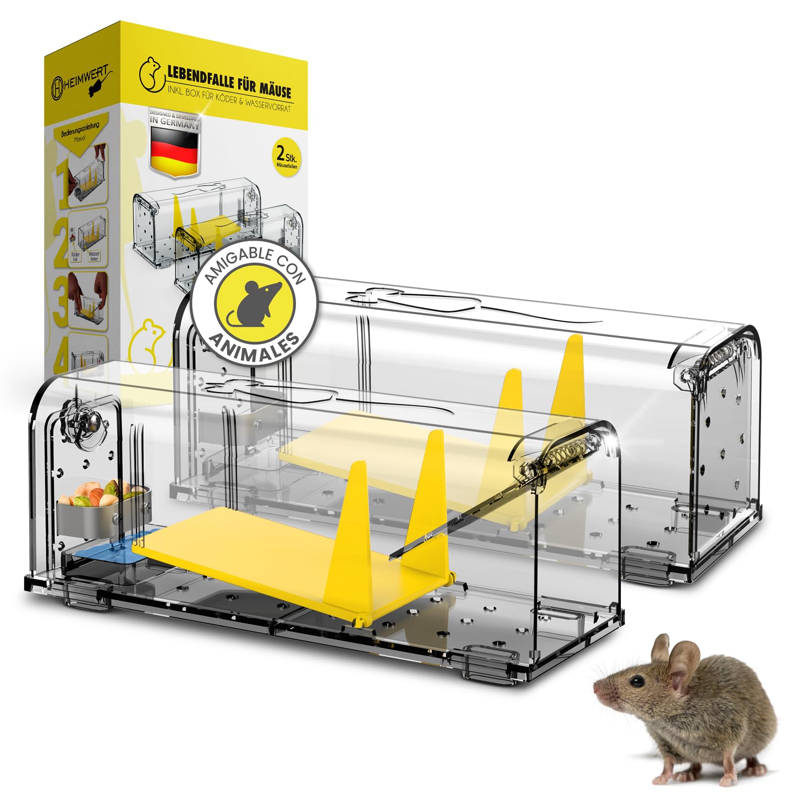HEINWERT Trampa Para Ratones en Vivo con Depósito de Agua + Caja de Cebo para Ratones + Ventilación. Ratoneras para Ratones con Salida de Liberación Rápida sin Contacto. 2 Juegos de Cepos para Ratones