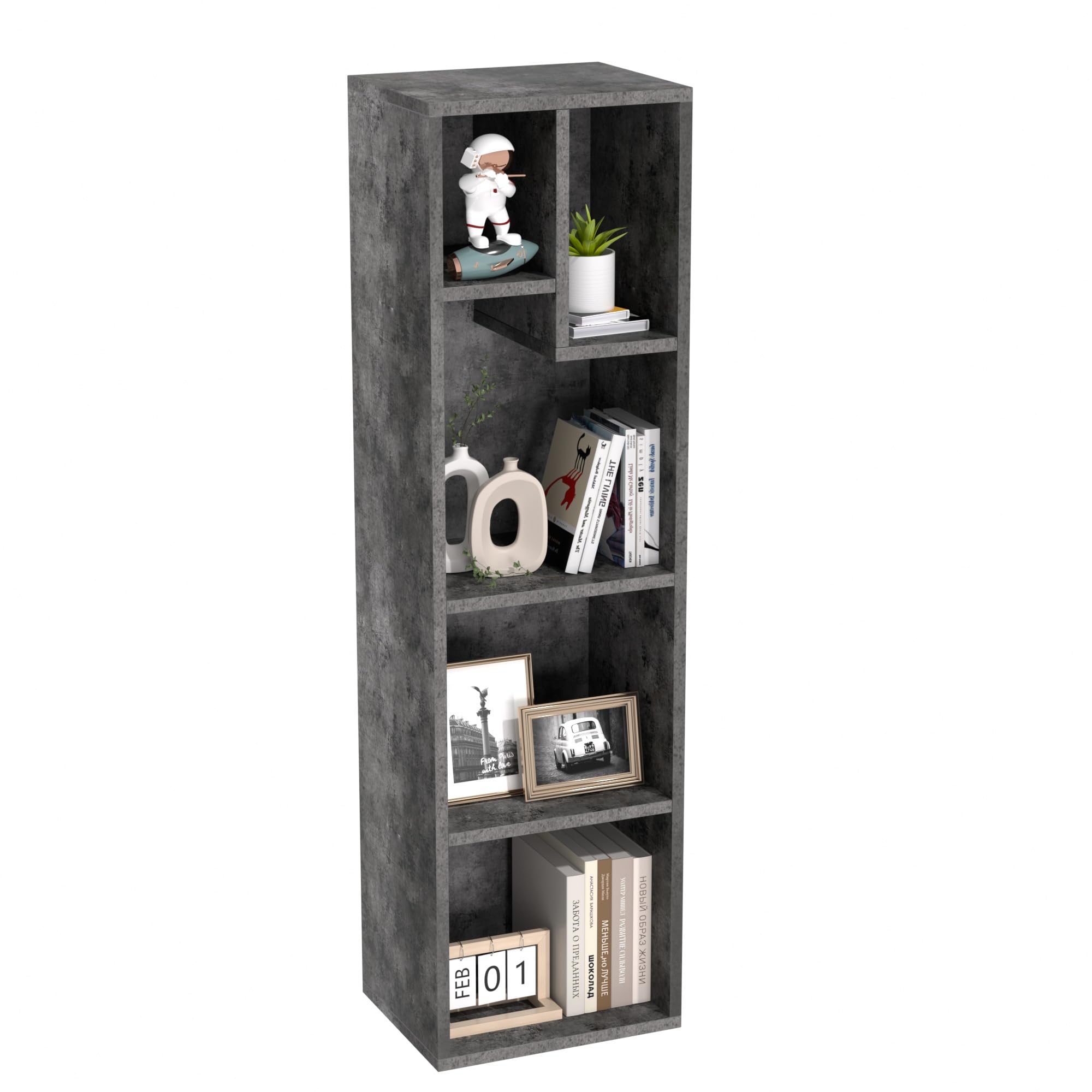 VECELO 4-Tier Bookcase, Modern Storage Cabinet with Height Difference Shelves for Standard Textbooks, 5 Cubes, Vertical or Horizontal, Easy Assembly,