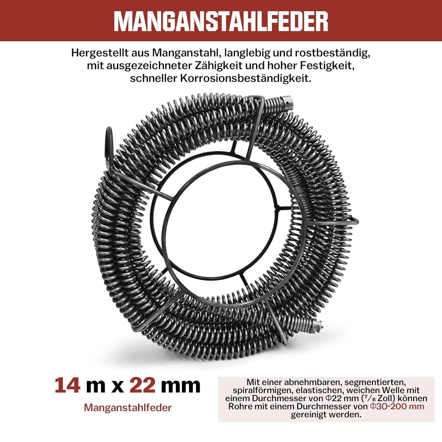 XIIW Furet Déboucheur 14m x 22mm - Flexible Spirale Acier Manganèse | Accessoire pour Déboucheur Électrique – Déboucher et Nettoyer Tuyaux ⌀30-200mm – Structure Segmentée Résistante Corrosion