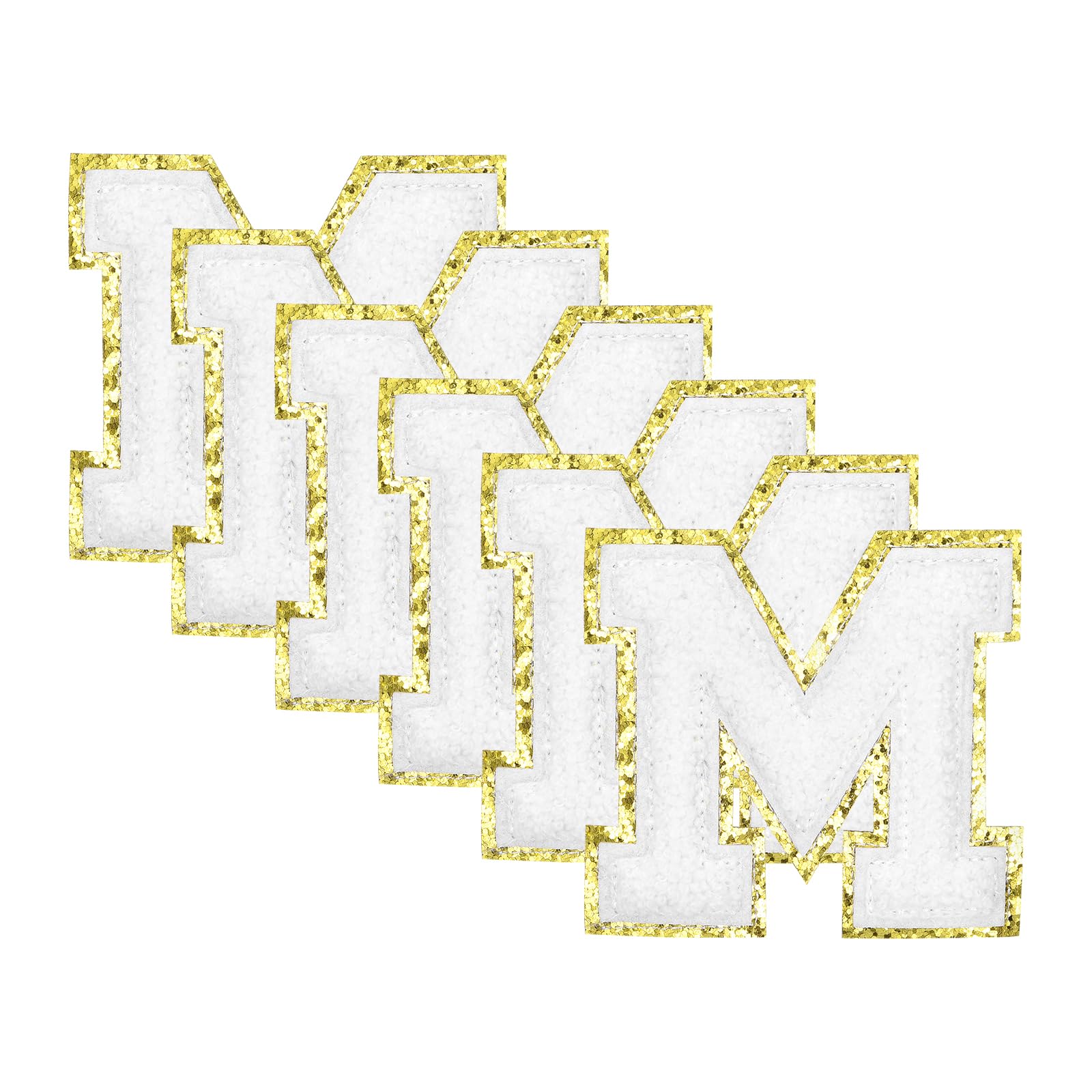 sourcing map 6pcs Glitters Chenille Letter Patches 8.4cm / 3.3" Chenille Iron-On Letter Patches Applique for Clothing Hats Jeans Shoes Bags (White, Letter M)