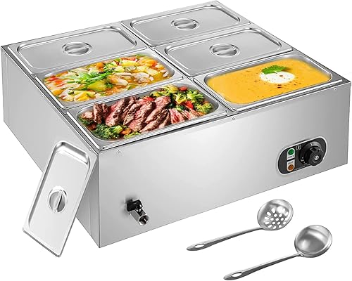 Calentador de alimentos comercial de 6 bandejas, mesa de vapor eléctrica de 1500 W, 5.9 in6 pulgadas de profundidad, acero inoxidable, capacidad de