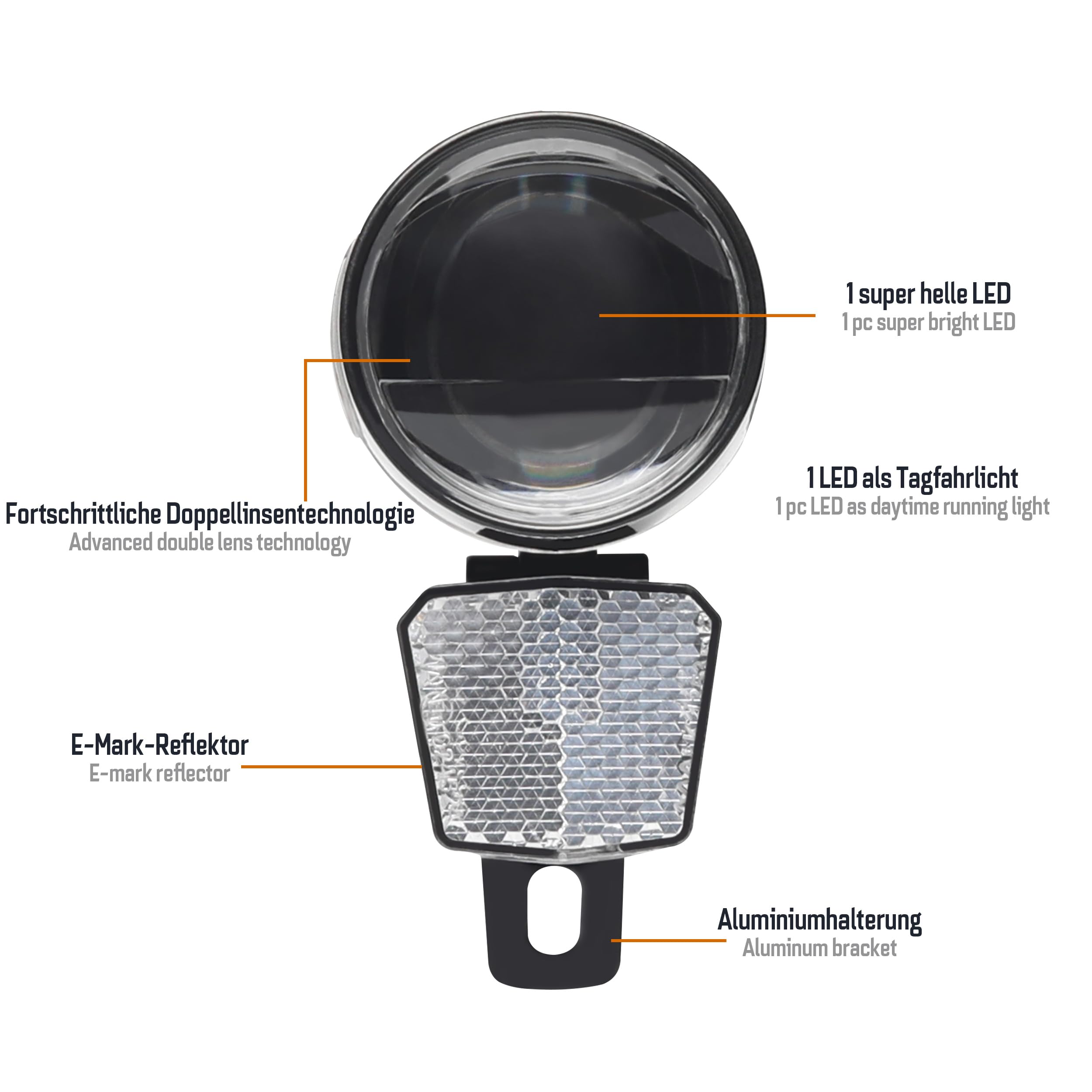 ADDVIEW Fahrradlicht 80 Lux Nova M80 – Dynamo Frontlicht mit Tagfahrlicht, Standlicht, Aluminium-Gehäuse, StVZO zugelassen, IP65 wasserdicht – für sicheres Radfahren bei Tag & Nacht